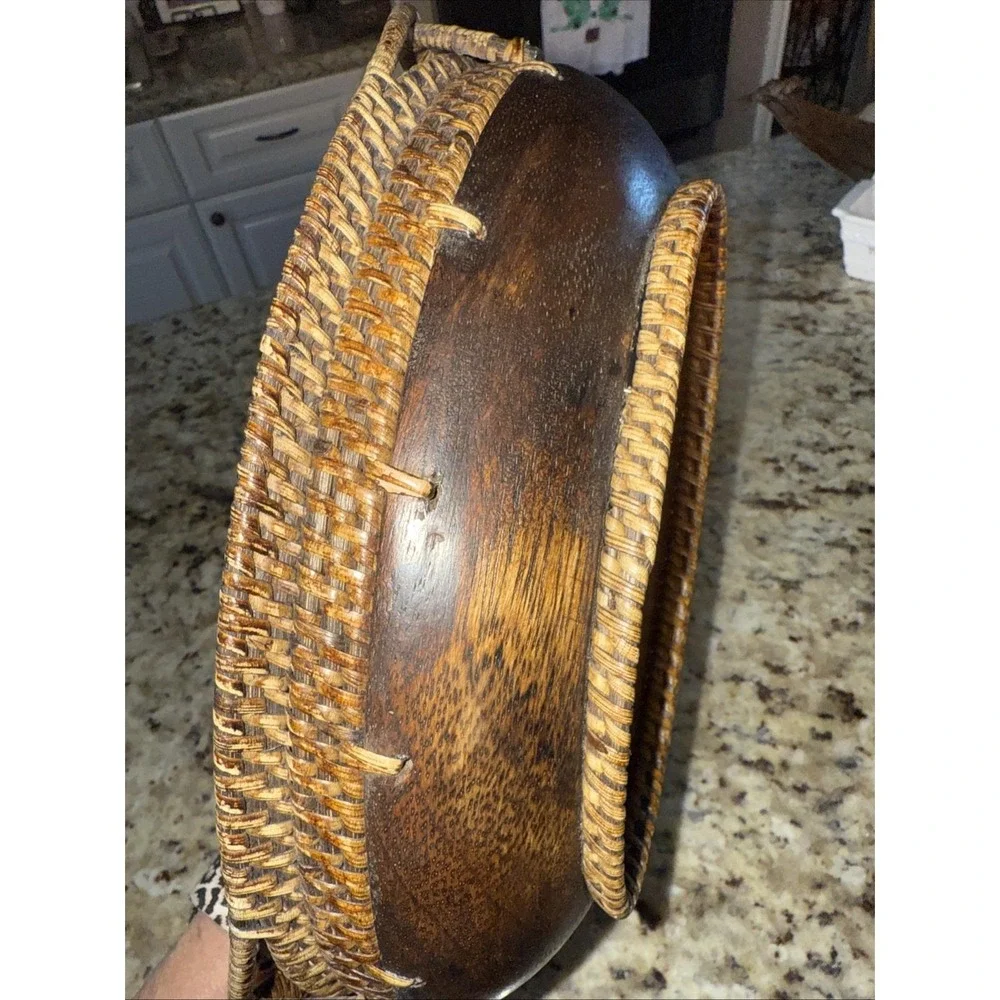 Mid Century Modern Rare Vintage Wood Palecek‎ Inlaid Oval Seed Bowl - Woven 5249